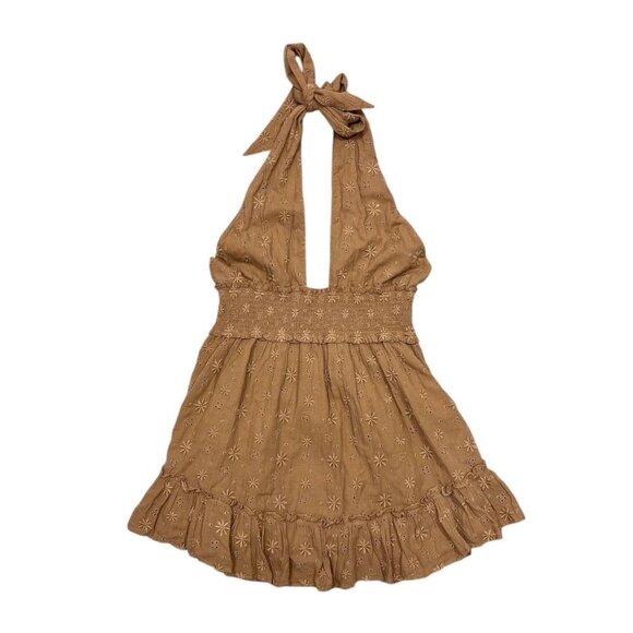 Aerie Brown Halter Dress Floral Embroidered Medium‎ Boho Festival - Picture 1 of 6